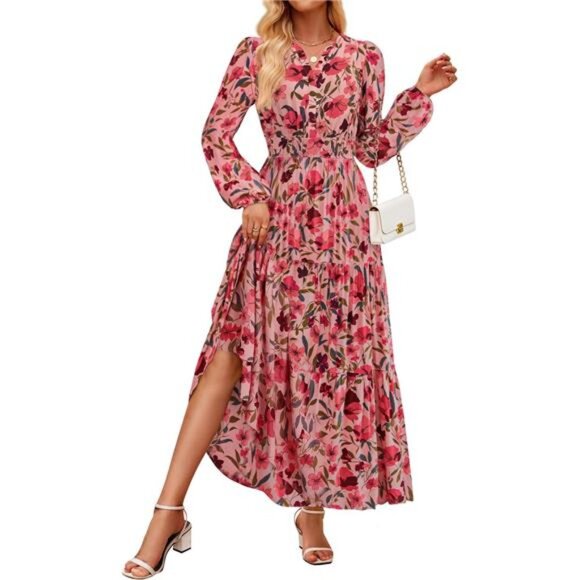 Dresses & Skirts - Women's Long Sleeve Maxi Dress Floral Print V Neck Red Pink